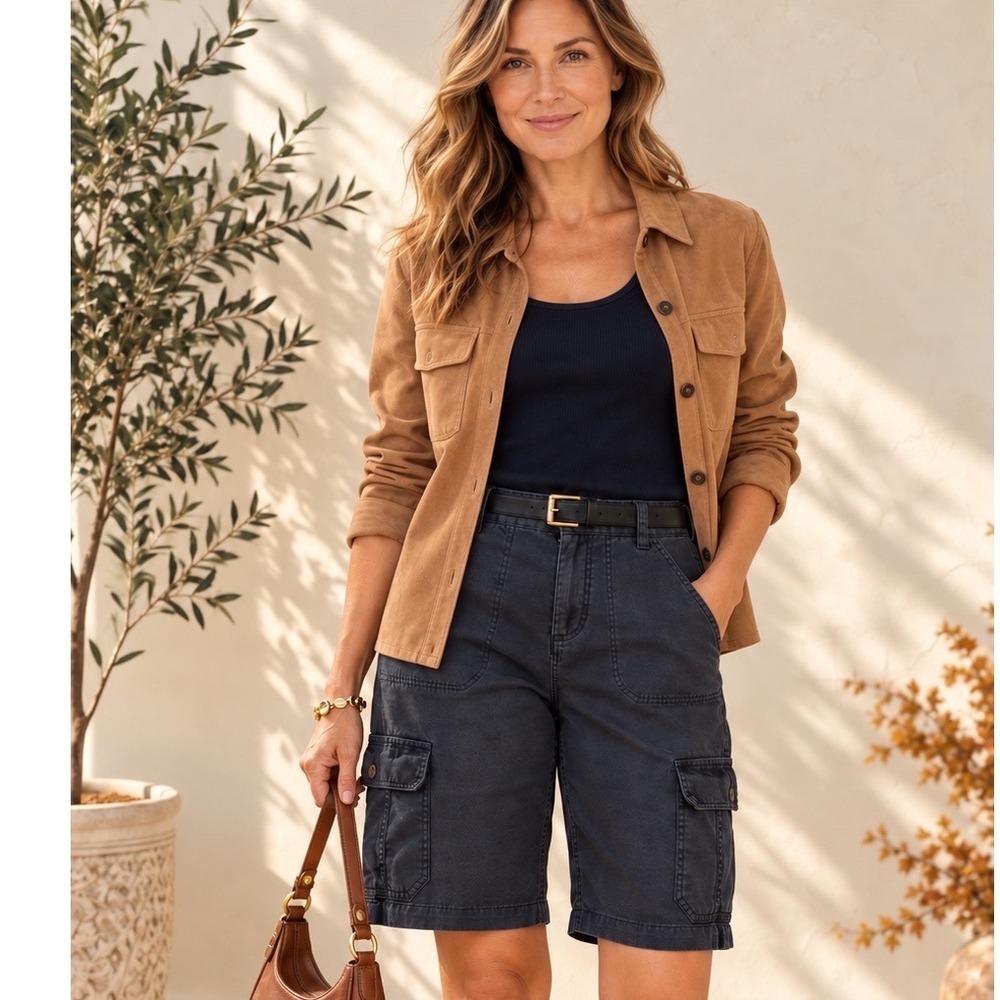 Tommy Hilfiger Womens 8 Linen Cargo Shorts Navy Blue Utility Bermuda 100% Linen